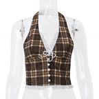 French Plaid Halter Crop Top Checkered Sleeveless Cami