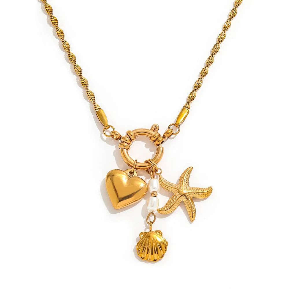 Joolim PVD Plated Wholesale Waterproof Starfish Shell Heart Pearl Pendant Multi Charm Toggle Necklace Stainless Steel Jewelry