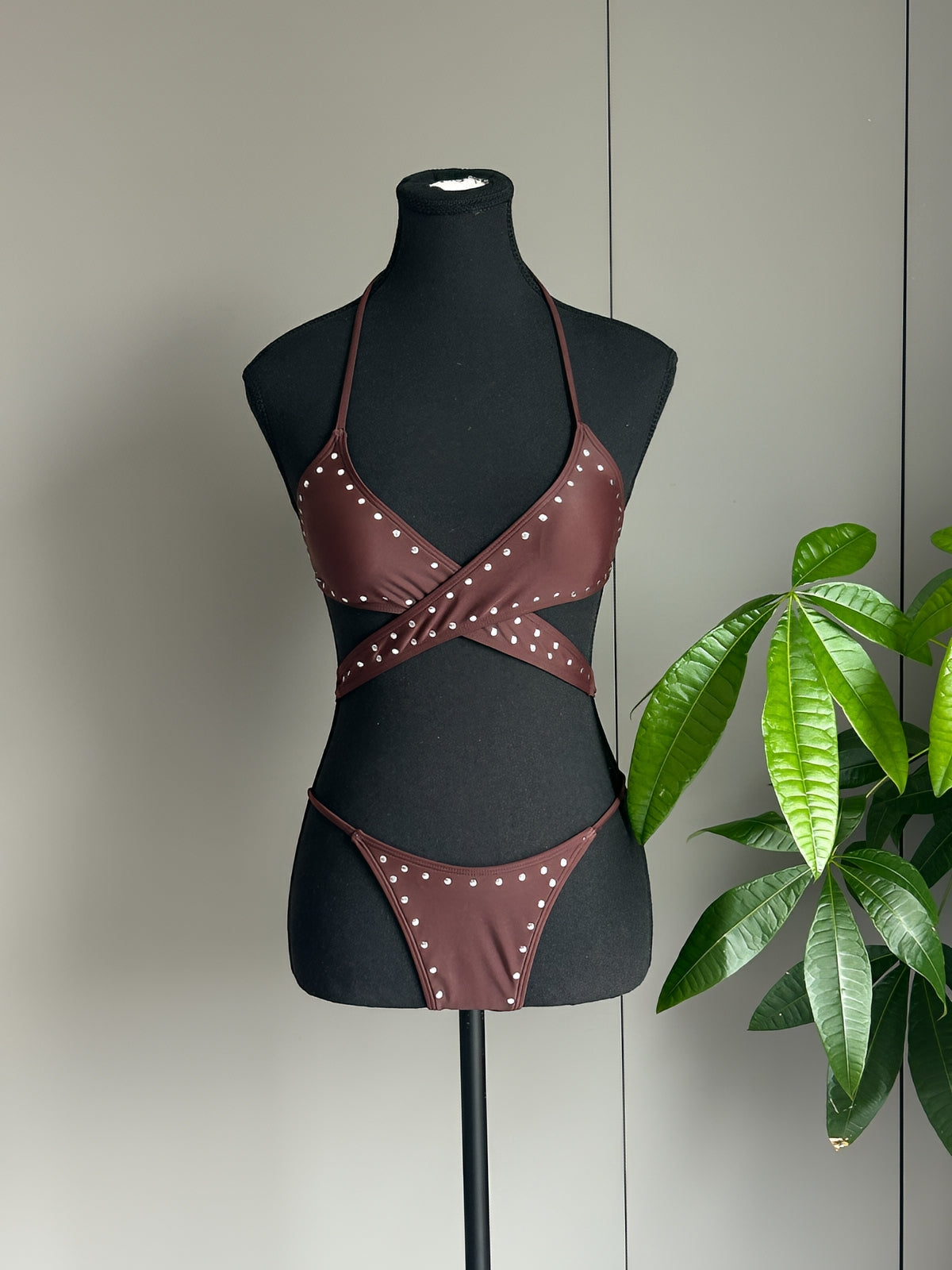 Solid Brown Twist Front V Neck Bikini Top High Waist Bottom Swimsuit