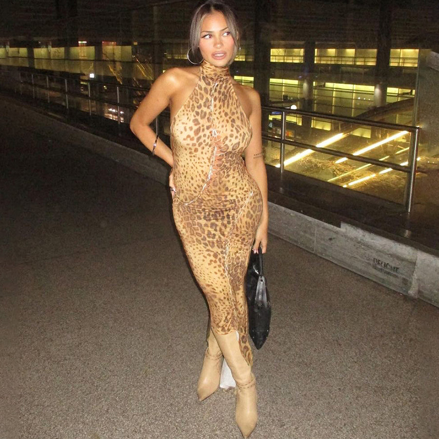 Leopard Print Turtleneck Backless Bandage Cut Out Maxi Dress Sleeveless Slit Dress