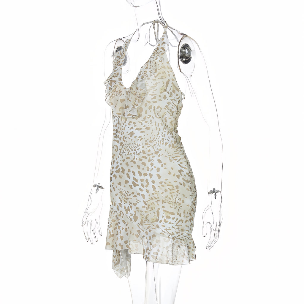 Leopard Print Halter V Neck Mini Dress Sexy Backless Lace Up Ruffle Dress