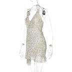 Leopard Print Halter V Neck Mini Dress Sexy Backless Lace Up Ruffle Dress