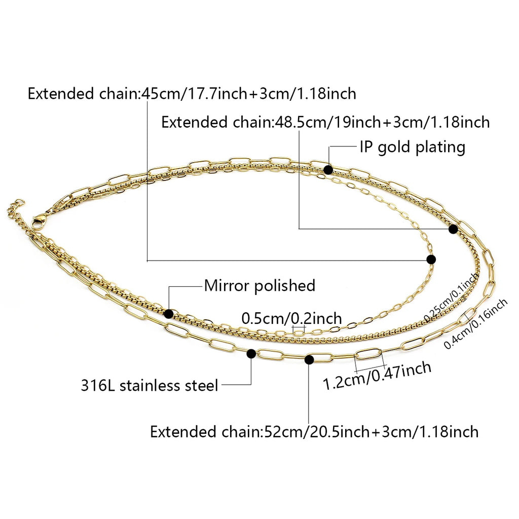 18k Gold Plated Paperclip Box Chain Triple Layer Necklace