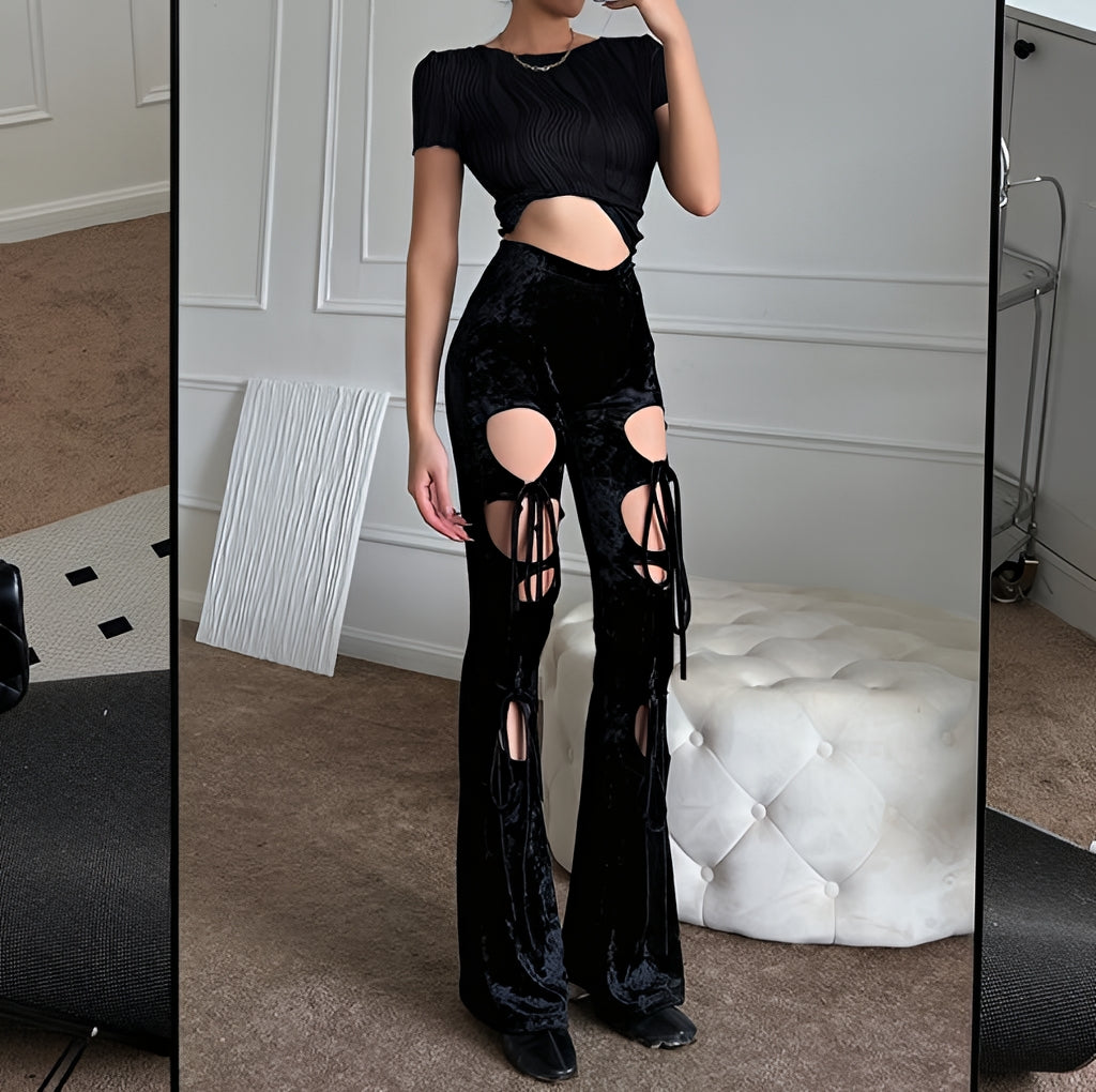 Y2K Lace Up Velvet Skinny Pants High Waist Hollow Out Pencil Trousers