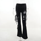 Y2K Lace Up Velvet Skinny Pants High Waist Hollow Out Pencil Trousers