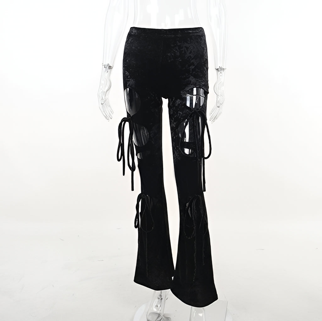 Y2K Lace Up Velvet Skinny Pants High Waist Hollow Out Pencil Trousers