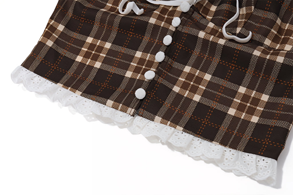 French Plaid Halter Crop Top Checkered Sleeveless Cami