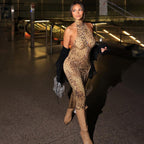 Leopard Print Turtleneck Backless Bandage Cut Out Maxi Dress Sleeveless Slit Dress