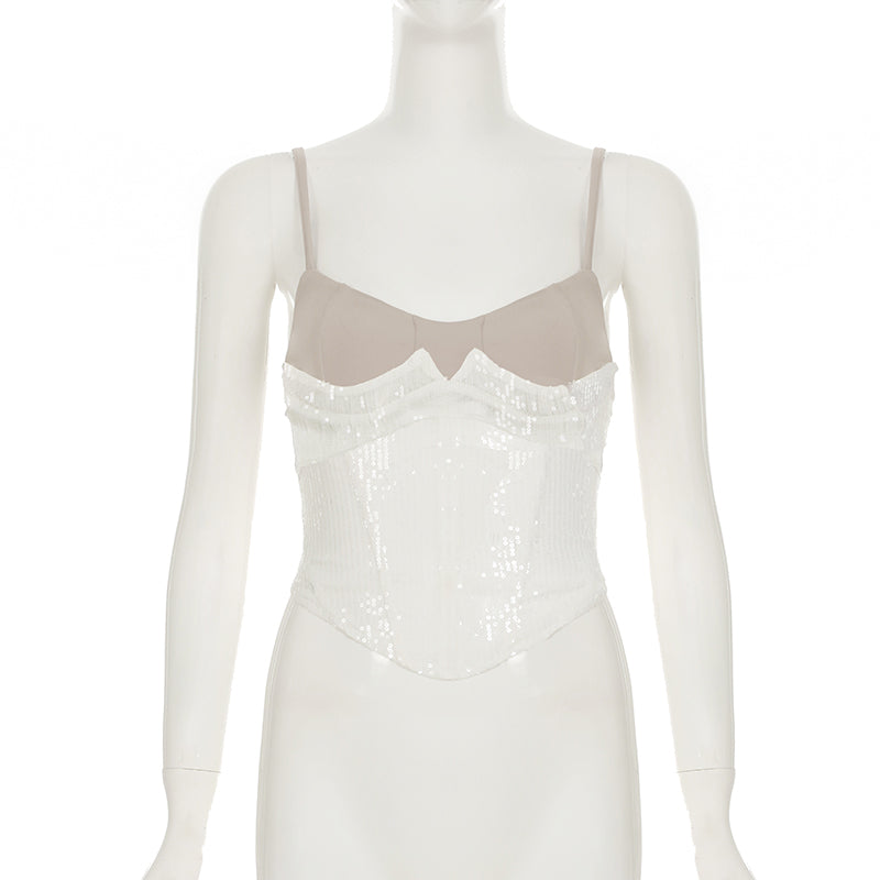 Lace Mesh Sequin Corset Top Back Tie Strap Cami Evening Wear