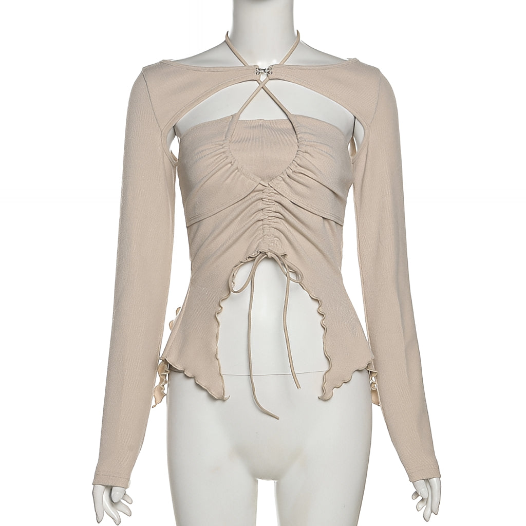 Hollow Cut Out Lace Up Long Sleeve Blouse Casual Slim Fit Top