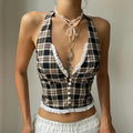 French Plaid Halter Crop Top Checkered Sleeveless Cami
