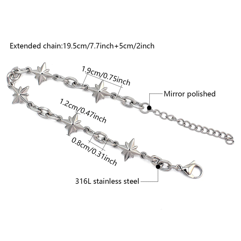 Stainless Steel Figaro Chain Link Bracelet Star Charm