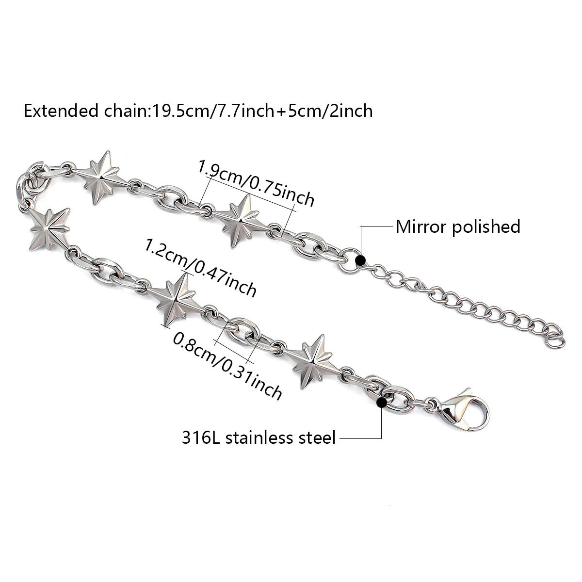 Stainless Steel Figaro Chain Link Bracelet Star Charm