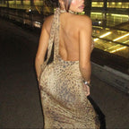 Leopard Print Turtleneck Backless Bandage Cut Out Maxi Dress Sleeveless Slit Dress