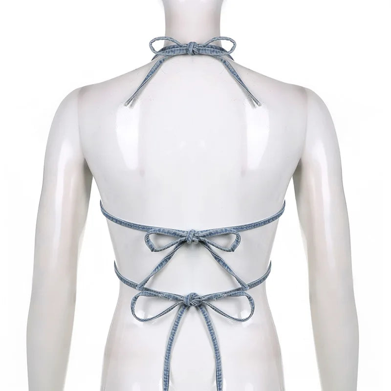 Denim Tube Top Strapless High Waist Tie Front Tank Top