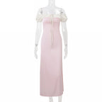 Square Collar Puff Sleeve Waist Dress French Style Lace Up Casual Dress