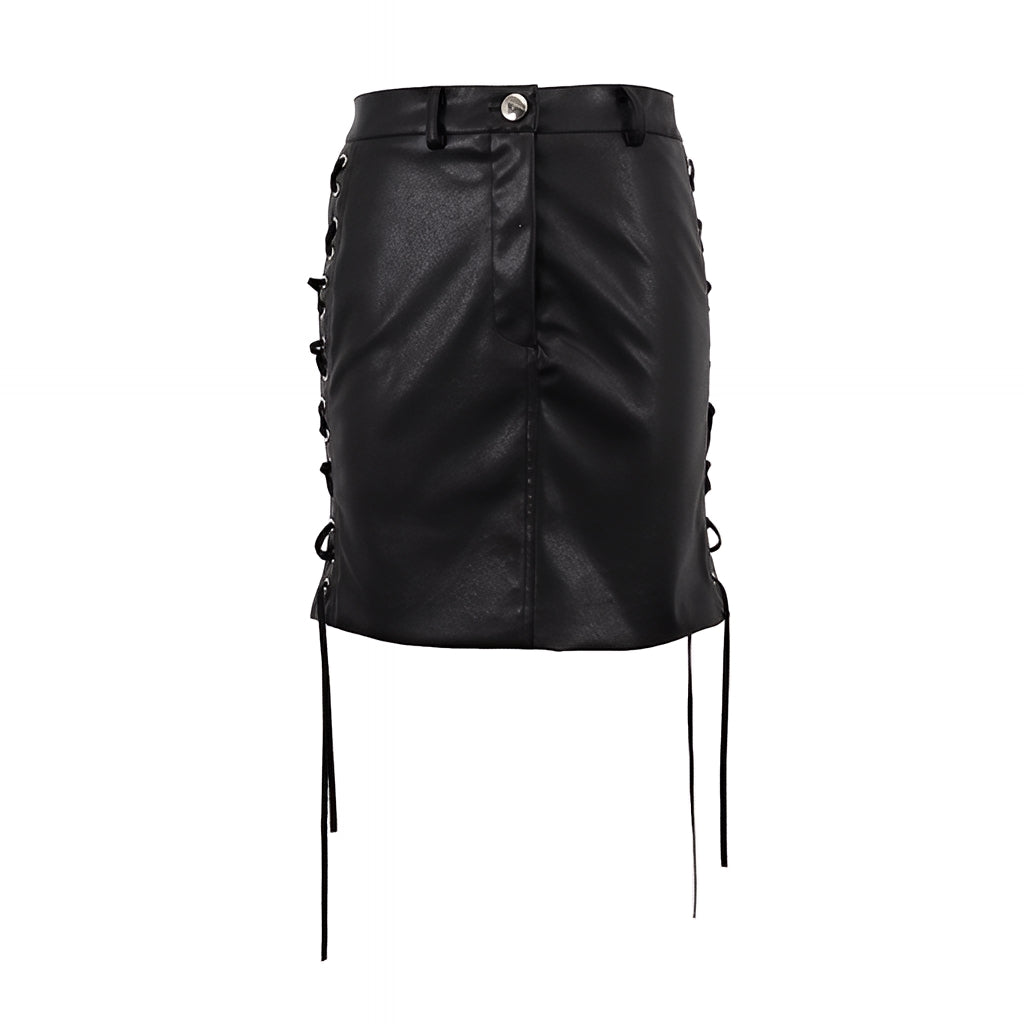 PU Leather Lace Up High Waist Mini Skirt Side Slit
