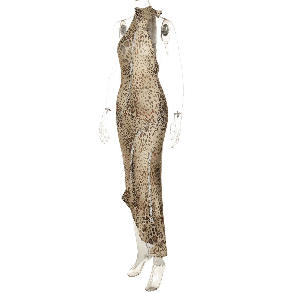 Leopard Print Turtleneck Backless Bandage Cut Out Maxi Dress Sleeveless Slit Dress