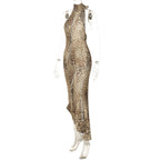 Leopard Print Turtleneck Backless Bandage Cut Out Maxi Dress Sleeveless Slit Dress