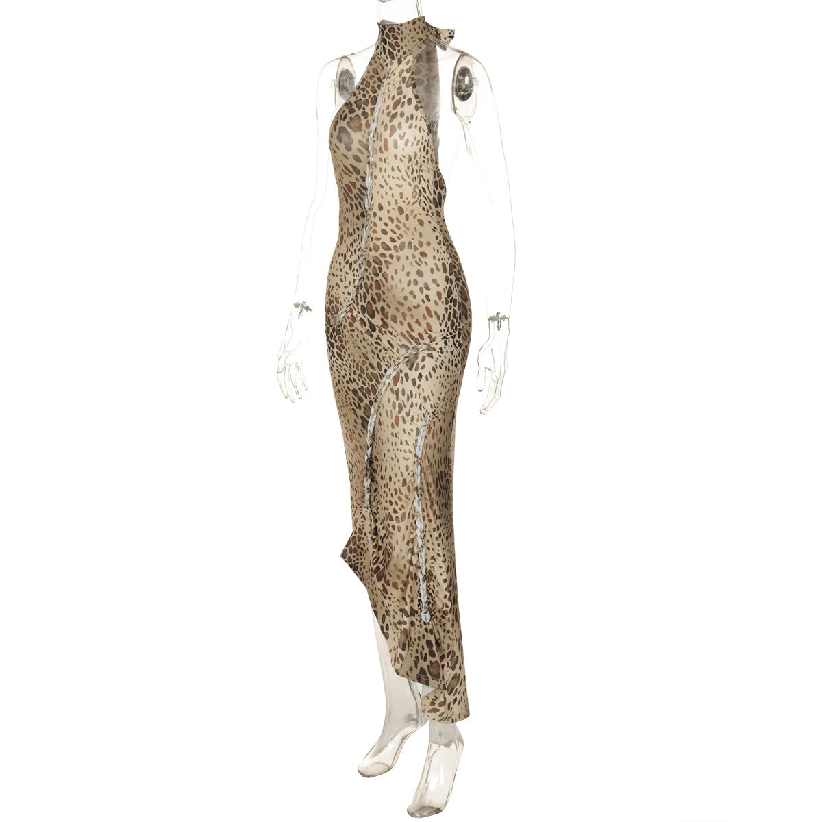 Leopard Print Turtleneck Backless Bandage Cut Out Maxi Dress Sleeveless Slit Dress