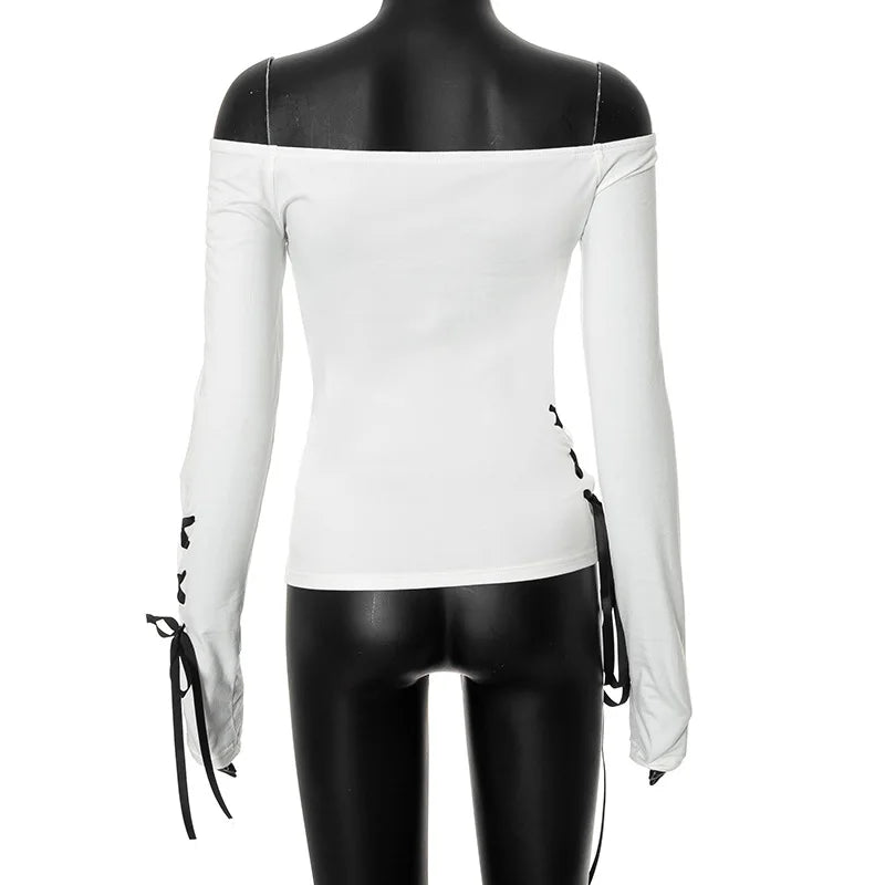Goth Y2K Heart Cut Out Long Sleeve Top Slash Neck Tee