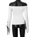 Goth Y2K Heart Cut Out Long Sleeve Top Slash Neck Tee