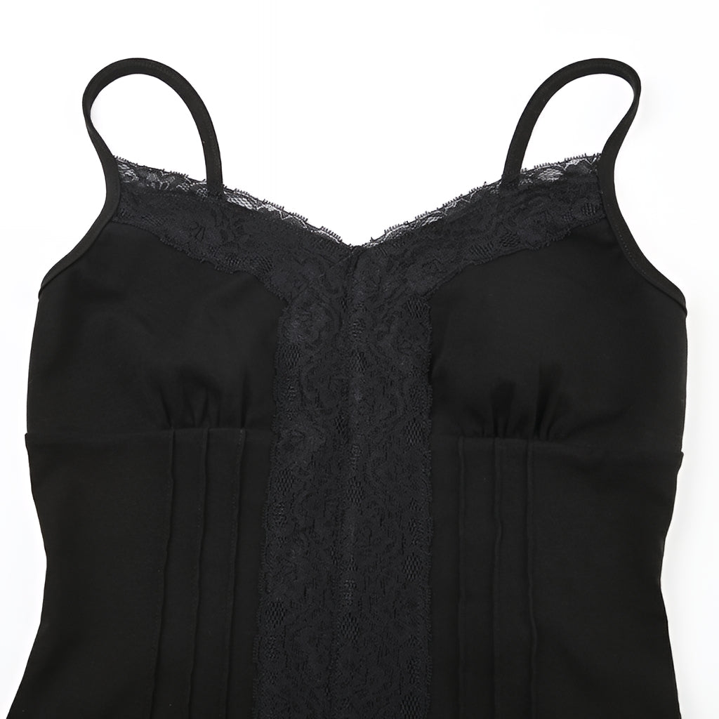 Patchwork Lace Trim Cami Top V Neck Sleeveless Slim Fit Tank Top