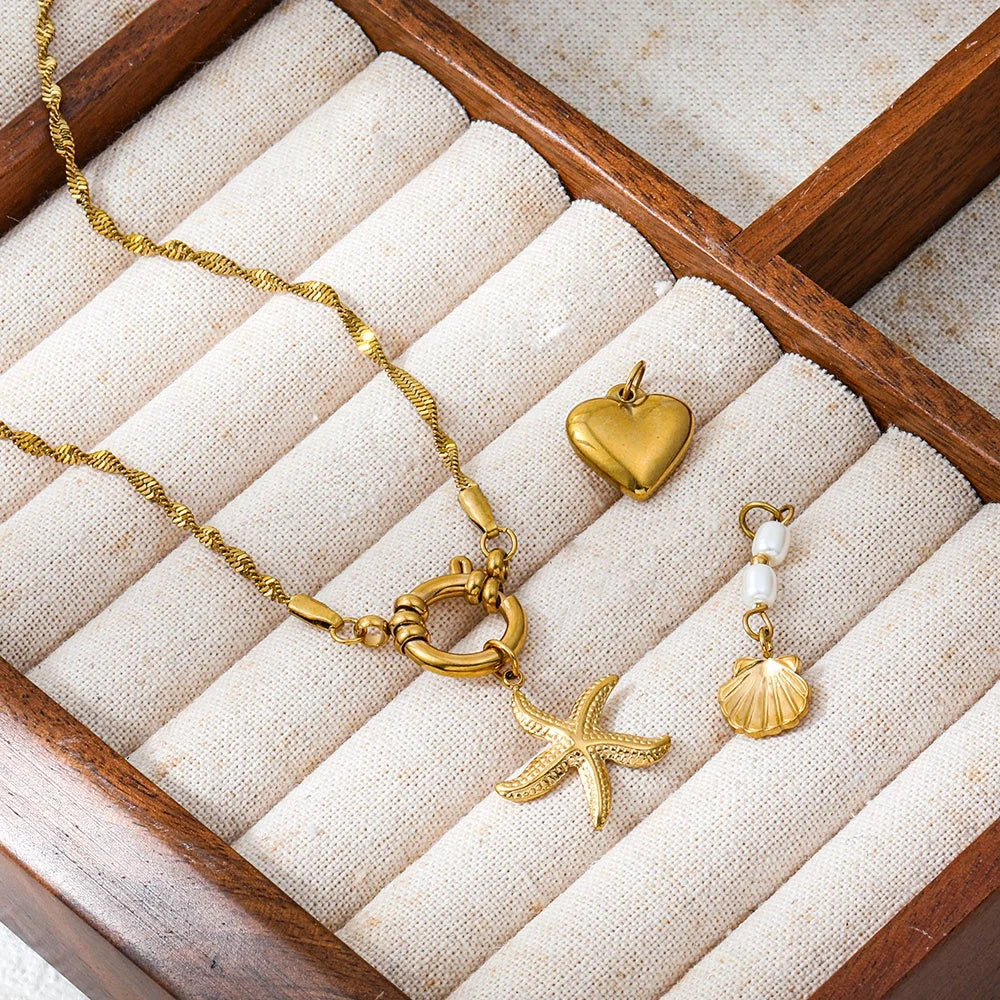 Joolim PVD Plated Wholesale Waterproof Starfish Shell Heart Pearl Pendant Multi Charm Toggle Necklace Stainless Steel Jewelry