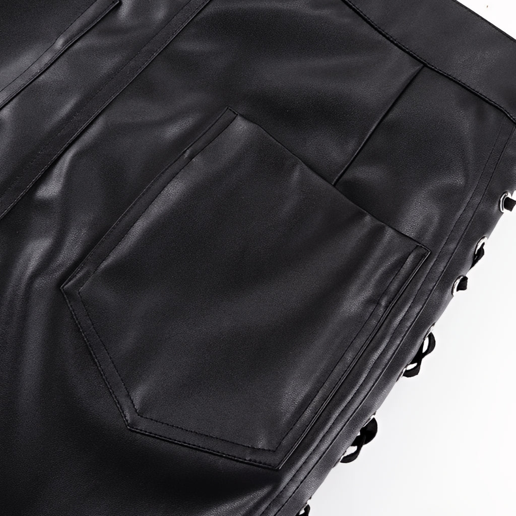 PU Leather Lace Up High Waist Mini Skirt Side Slit