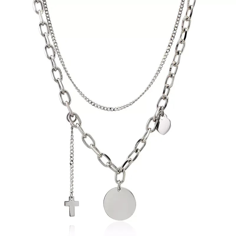 Double Link Chain Necklace Cross Circle Laser Engrave