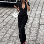 V-Neck Bodycon Long Dress Elegant Solid Color Maxi Dress