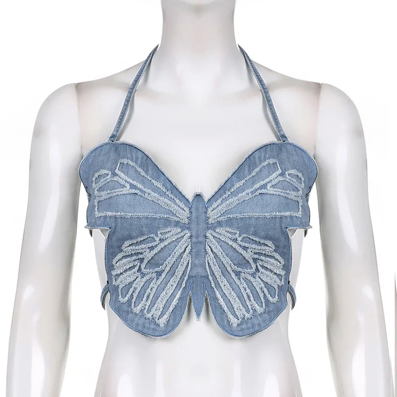 Denim Tube Top Strapless High Waist Tie Front Tank Top