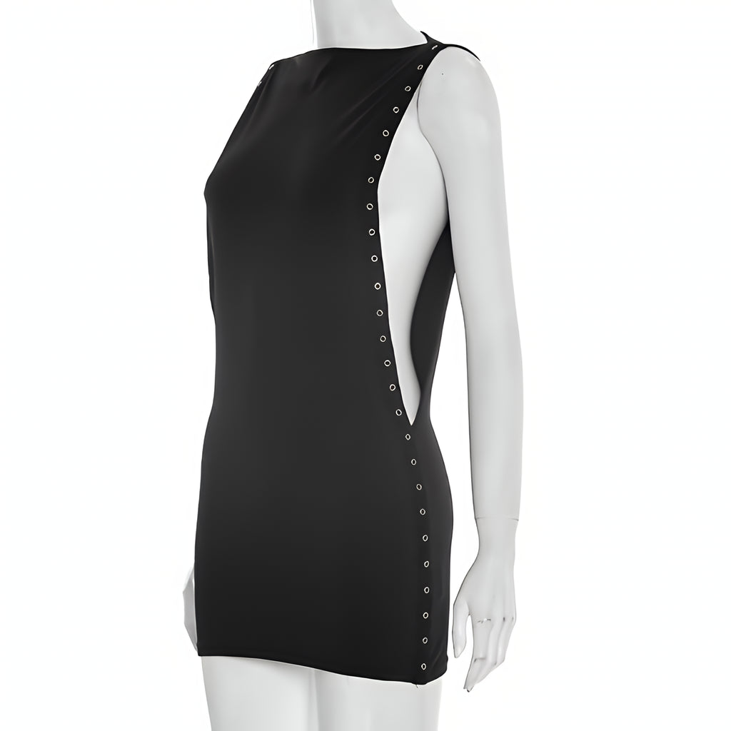 Solid Color Hollow Out Mini Shirt Dress Sleeveless Streetwear