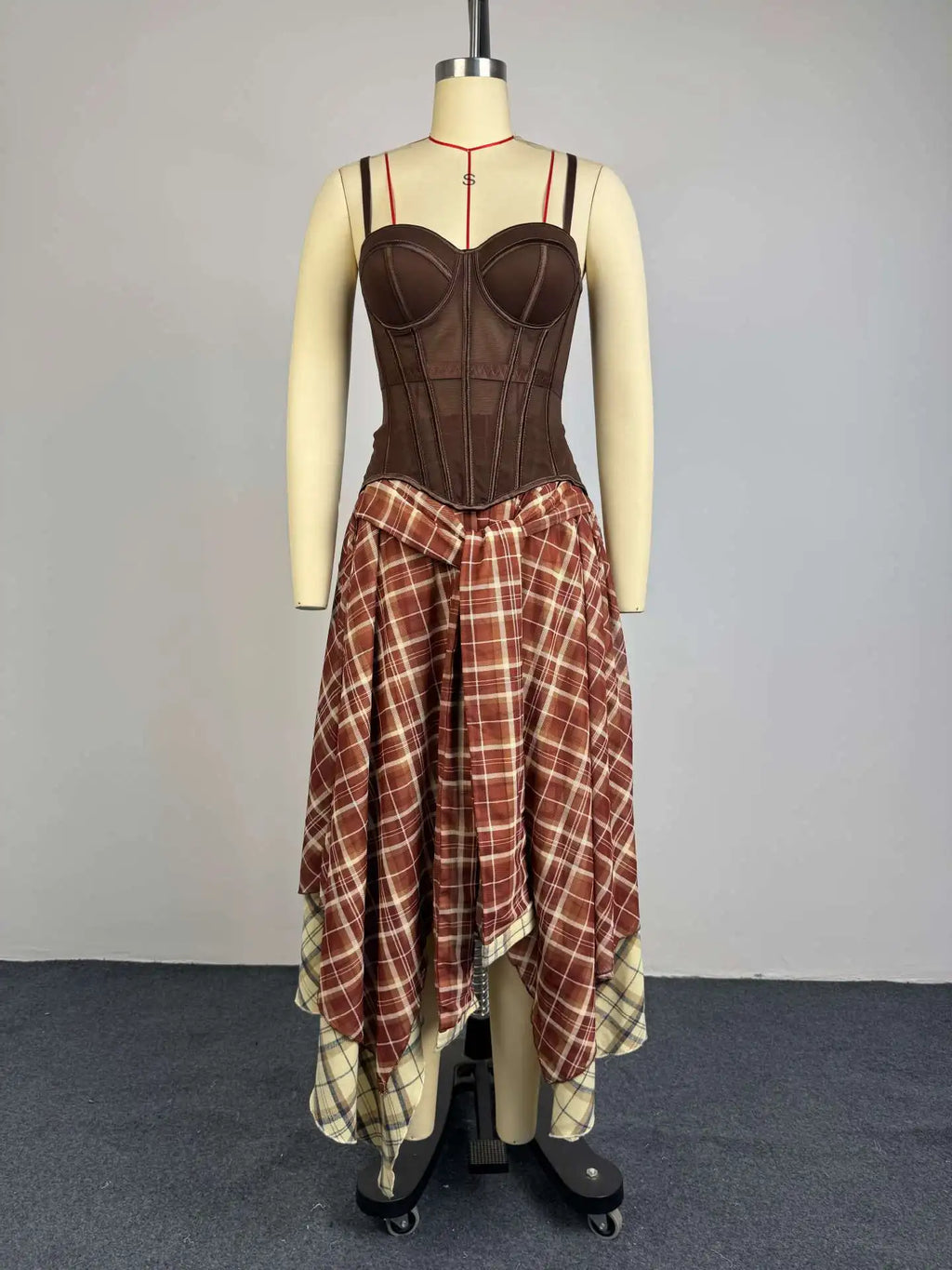 Fashion Spring Summer Sexy Sleeveless Corset Crop Top Long Maxi Irregular Plaid Skirt Two Piece Skirt Set Women Two Piece Sets