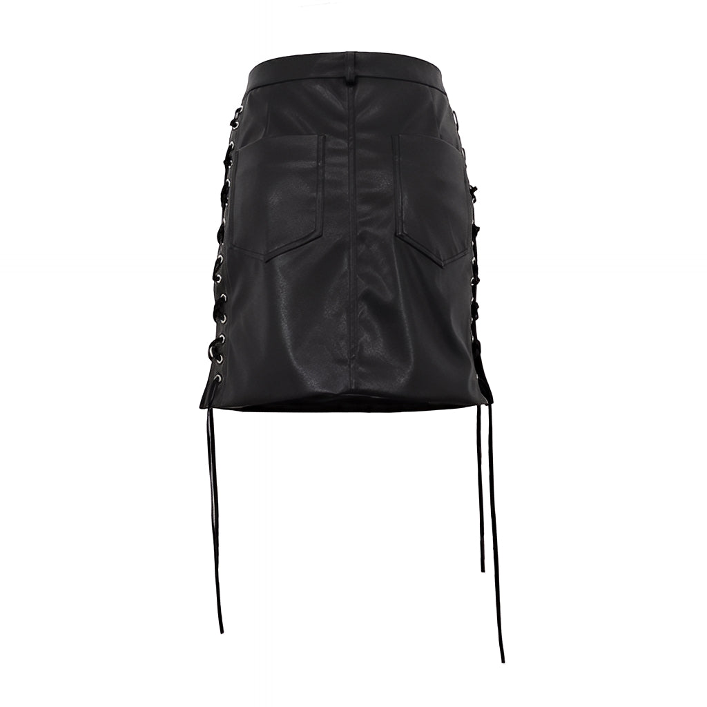 PU Leather Lace Up High Waist Mini Skirt Side Slit