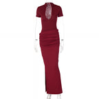 V-Neck Bodycon Long Dress Elegant Solid Color Maxi Dress