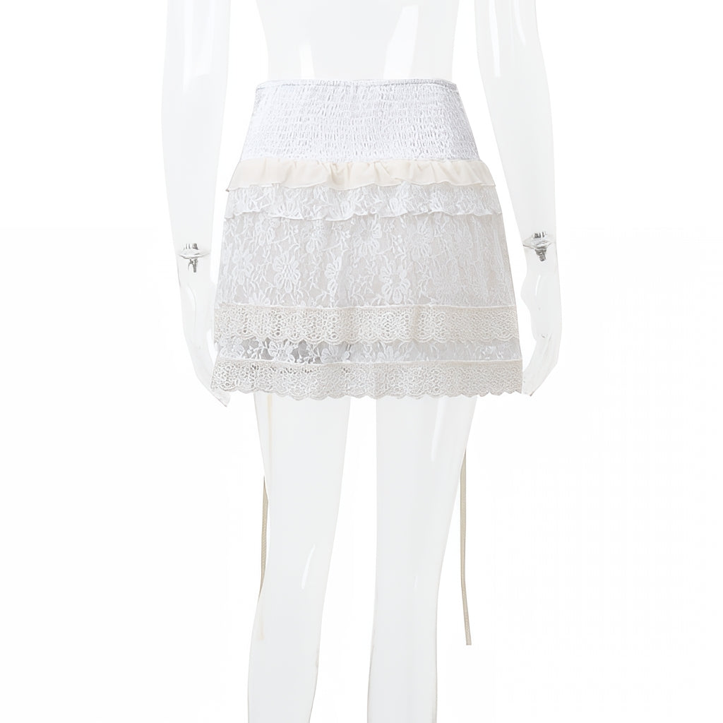 White A Line Ruffle Skirt High Waist Elastic Patchwork Lolita Mini Skirt