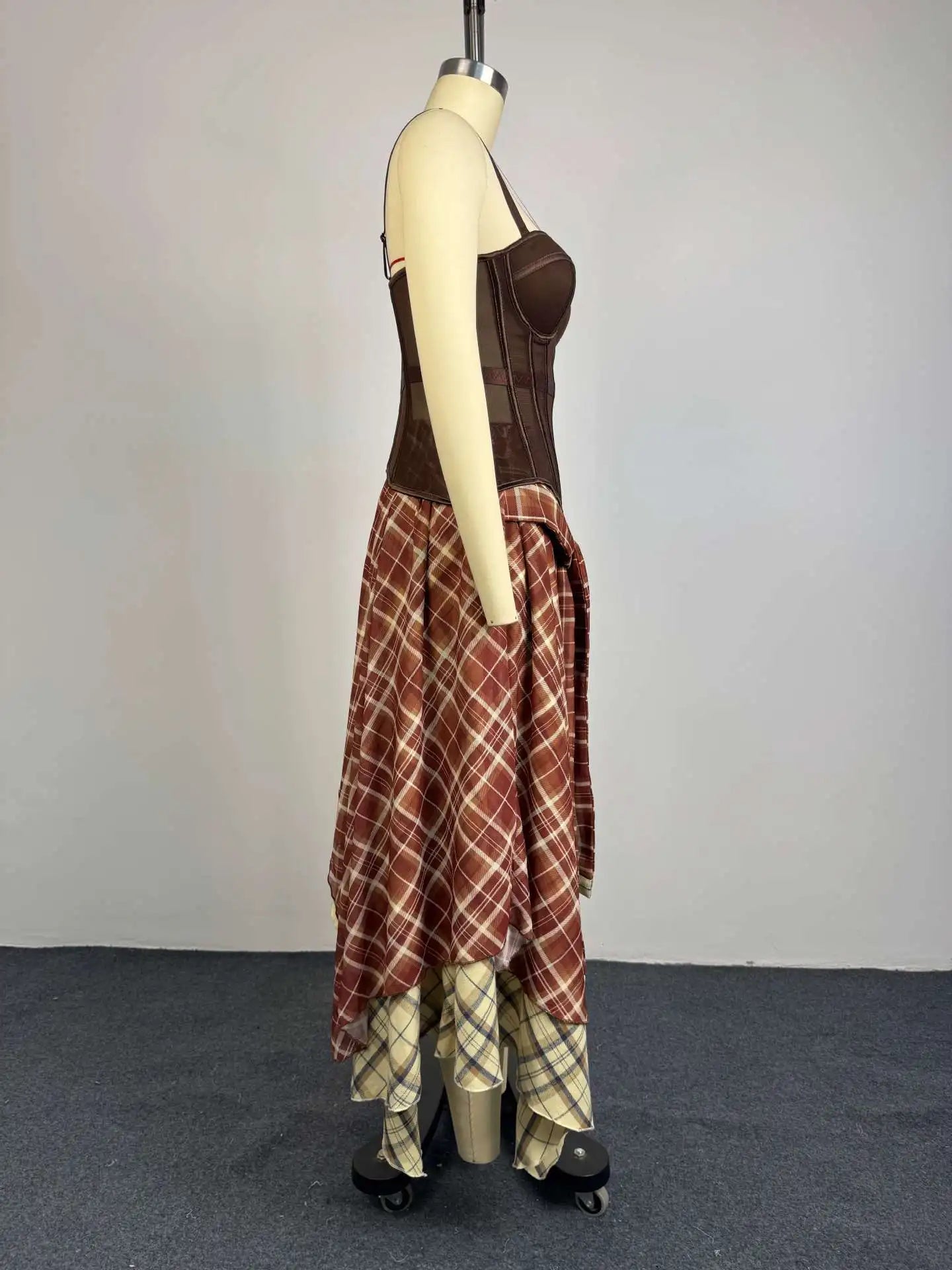 Fashion Spring Summer Sexy Sleeveless Corset Crop Top Long Maxi Irregular Plaid Skirt Two Piece Skirt Set Women Two Piece Sets