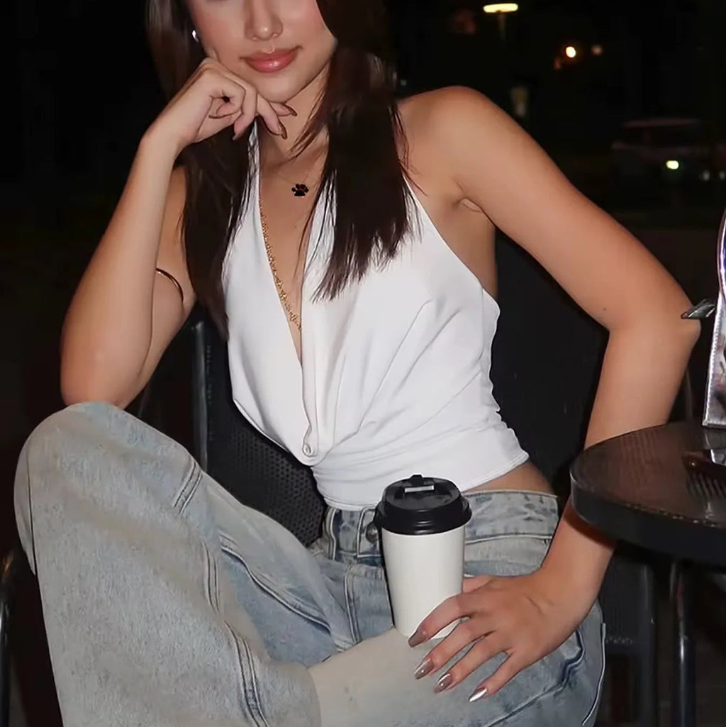 Women Backless Halter Vest Swing Collar Slim Fit Street Style Summer Top