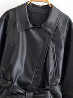 Schwarzer Kunstleder-Trenchcoat, Gürtel, lange Ärmel, Revers, Vintage-Motorradjacke, Oberbekleidung