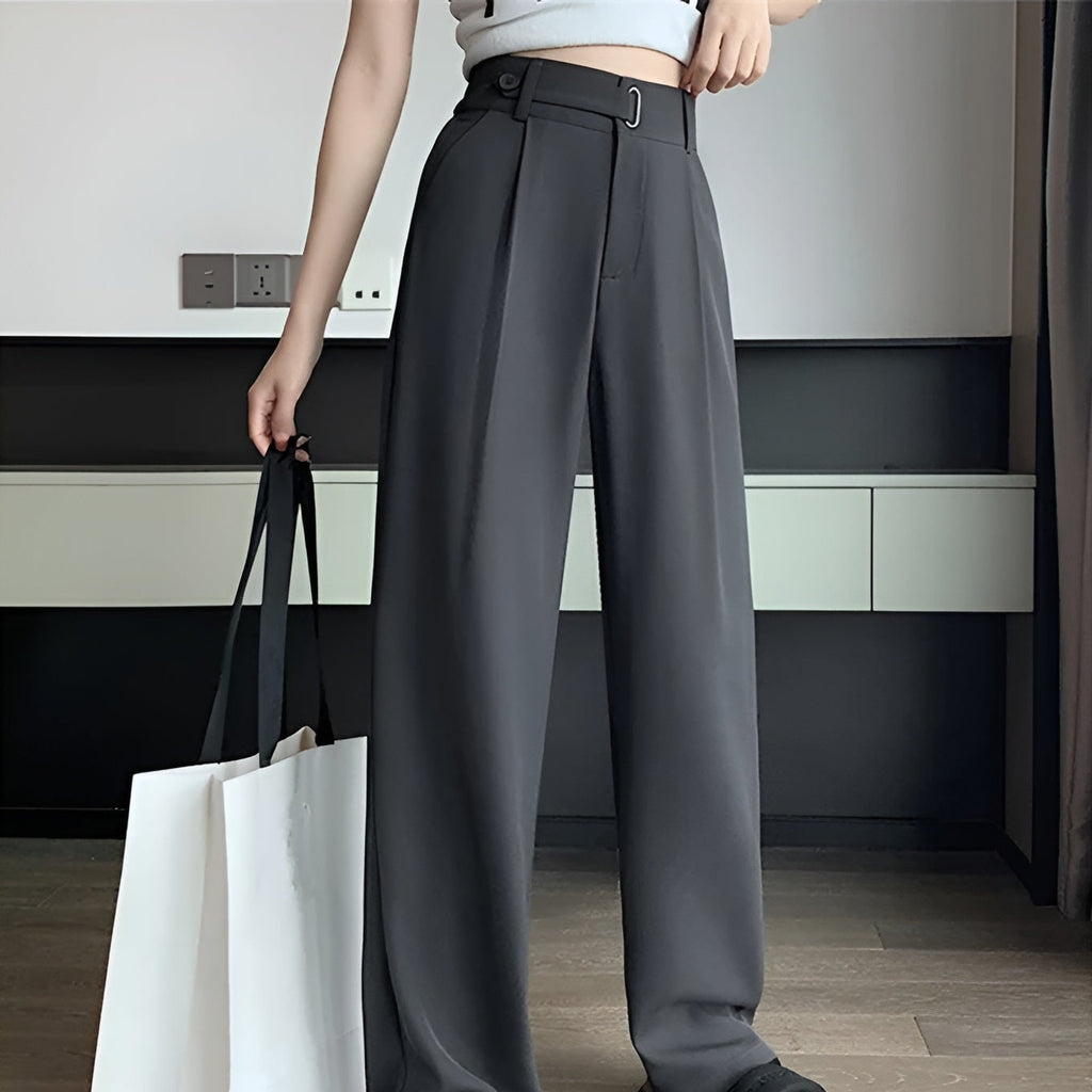 Women Wide Leg Pants High Waist Loose Fit Solid Color Casual Office Trousers
