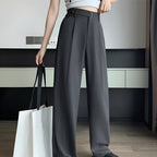 Women Wide Leg Pants High Waist Loose Fit Solid Color Casual Office Trousers