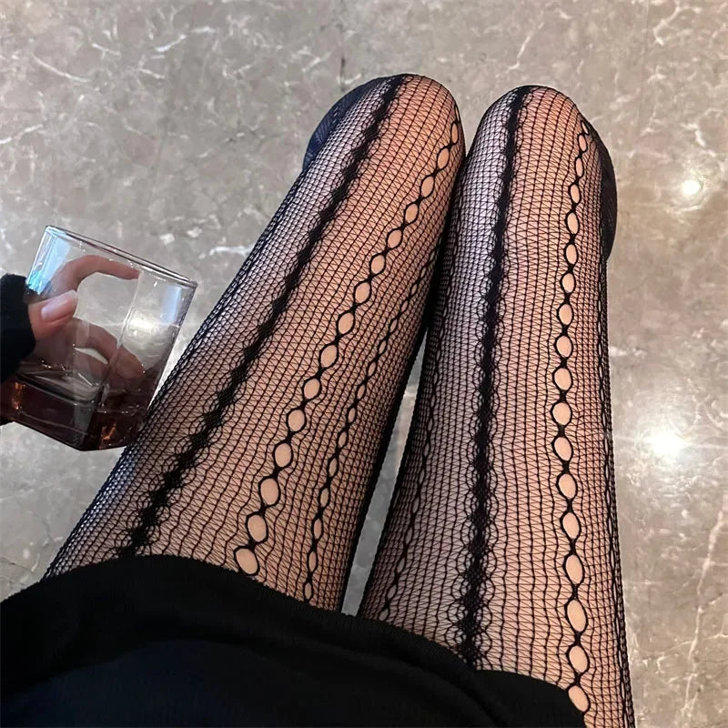 Damen-Kettenstrumpfhose, ausgehöhlt, Schwarz, Sexy, transparent, Jacquard, amerikanischer Retro-Stil, Netz, atmungsaktiv, Spitze, Fischgrät-Strumpfhose
