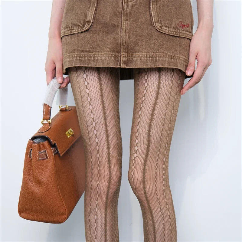 Damen-Kettenstrumpfhose, ausgehöhlt, Schwarz, Sexy, transparent, Jacquard, amerikanischer Retro-Stil, Netz, atmungsaktiv, Spitze, Fischgrät-Strumpfhose