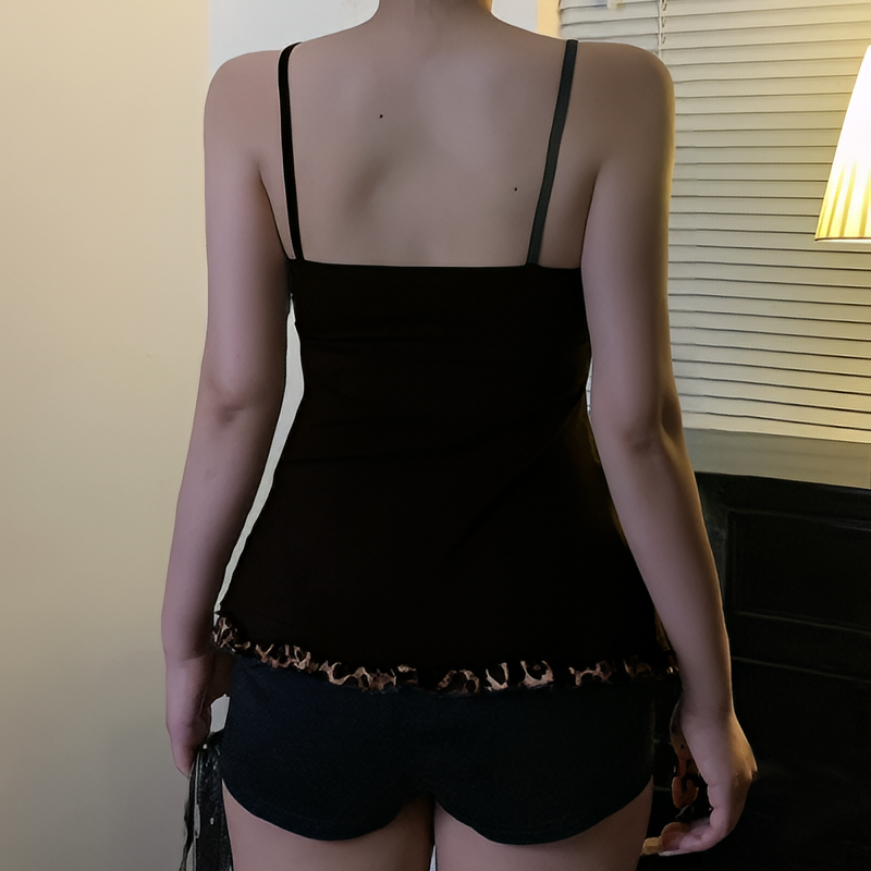 Leopard Print Lace Up Crop Tank Top A Line Sleeveless Summer Streetwear