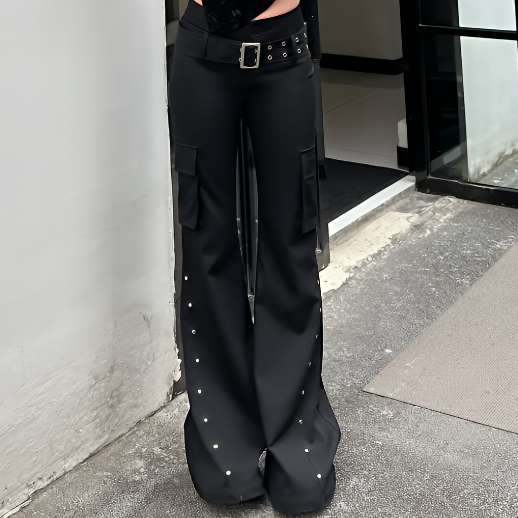 Y2K Gothic Low Waist Flared Pants Black Rivet Detail Harajuku Style