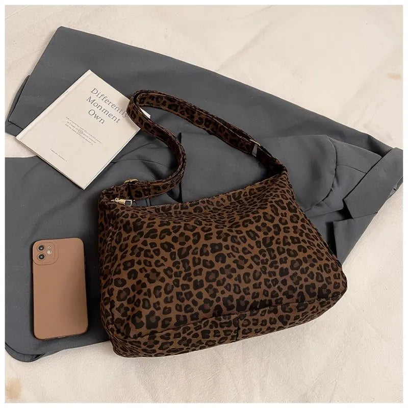 Trendige lässige weiche Textil-Damen-Umhängetasche, großes Fassungsvermögen, Leopardenmuster, Damen-Retro-Umhängetasche für Pendler und Ausflüge