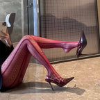 Damen-Kettenstrumpfhose, ausgehöhlt, Schwarz, Sexy, transparent, Jacquard, amerikanischer Retro-Stil, Netz, atmungsaktiv, Spitze, Fischgrät-Strumpfhose