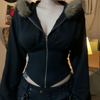 Gothic Faux Fur Hooded Coat Slim Fit Zip Jacket Autumn Winter Streetwear
