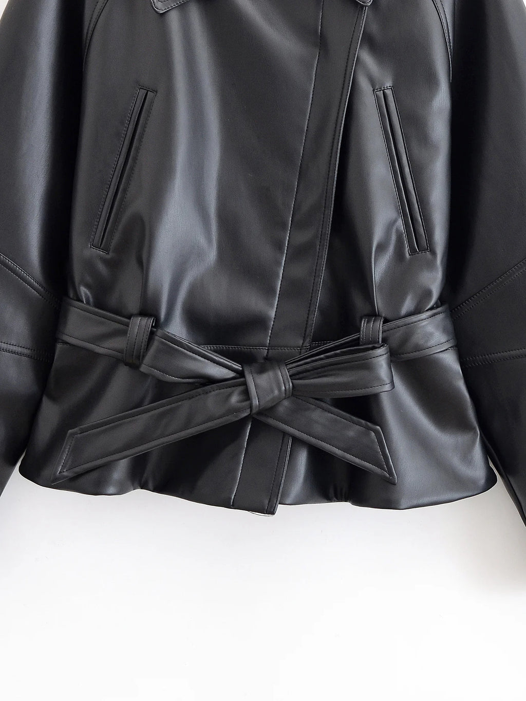 Schwarzer Kunstleder-Trenchcoat, Gürtel, lange Ärmel, Revers, Vintage-Motorradjacke, Oberbekleidung